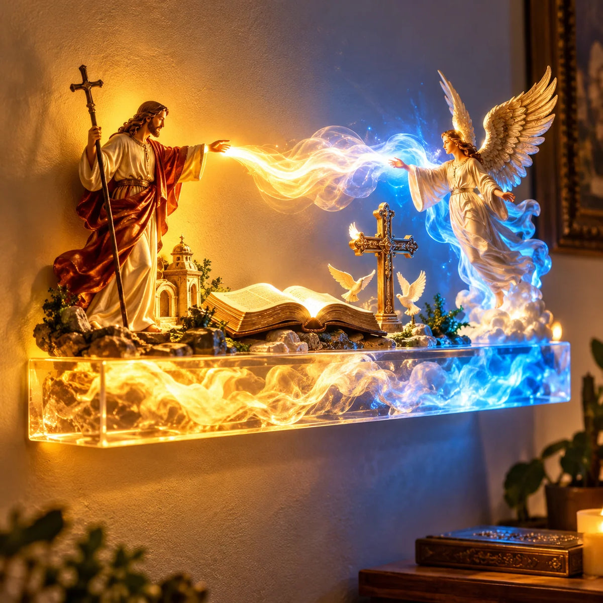 ✝️✨ Divine Light of Faith™ – 3D Lighted Angels & Angel Wall Art with Glowing Cross