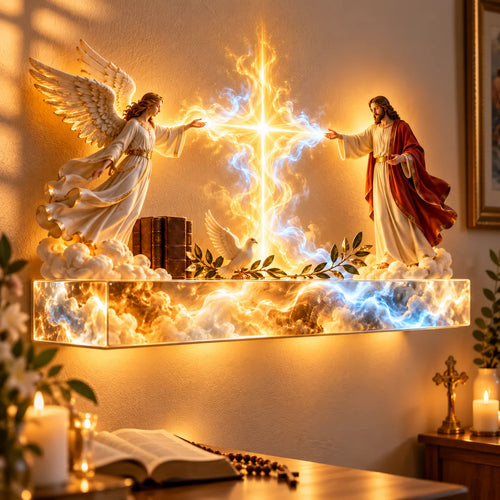 ✝️✨ Divine Light of Faith™ – 3D Lighted Angels & Angel Wall Art with Glowing Cross