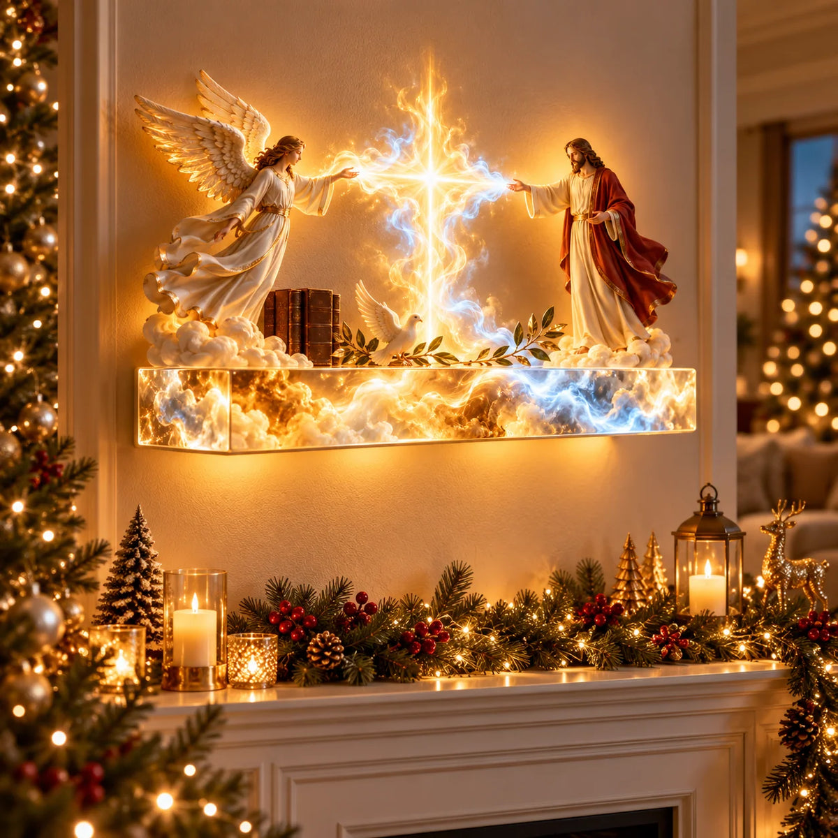 ✝️✨ Divine Light of Faith™ – 3D Lighted Angels & Angel Wall Art with Glowing Cross