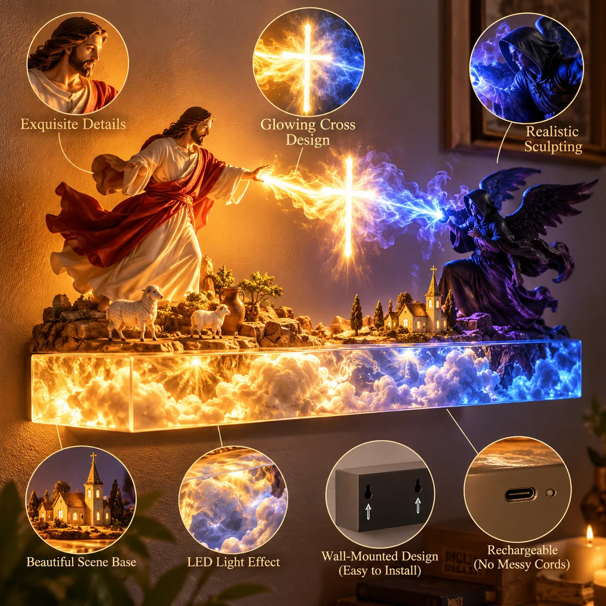 ✝️✨ Divine Light of Faith™ – 3D Lighted Angels & Angel Wall Art with Glowing Cross