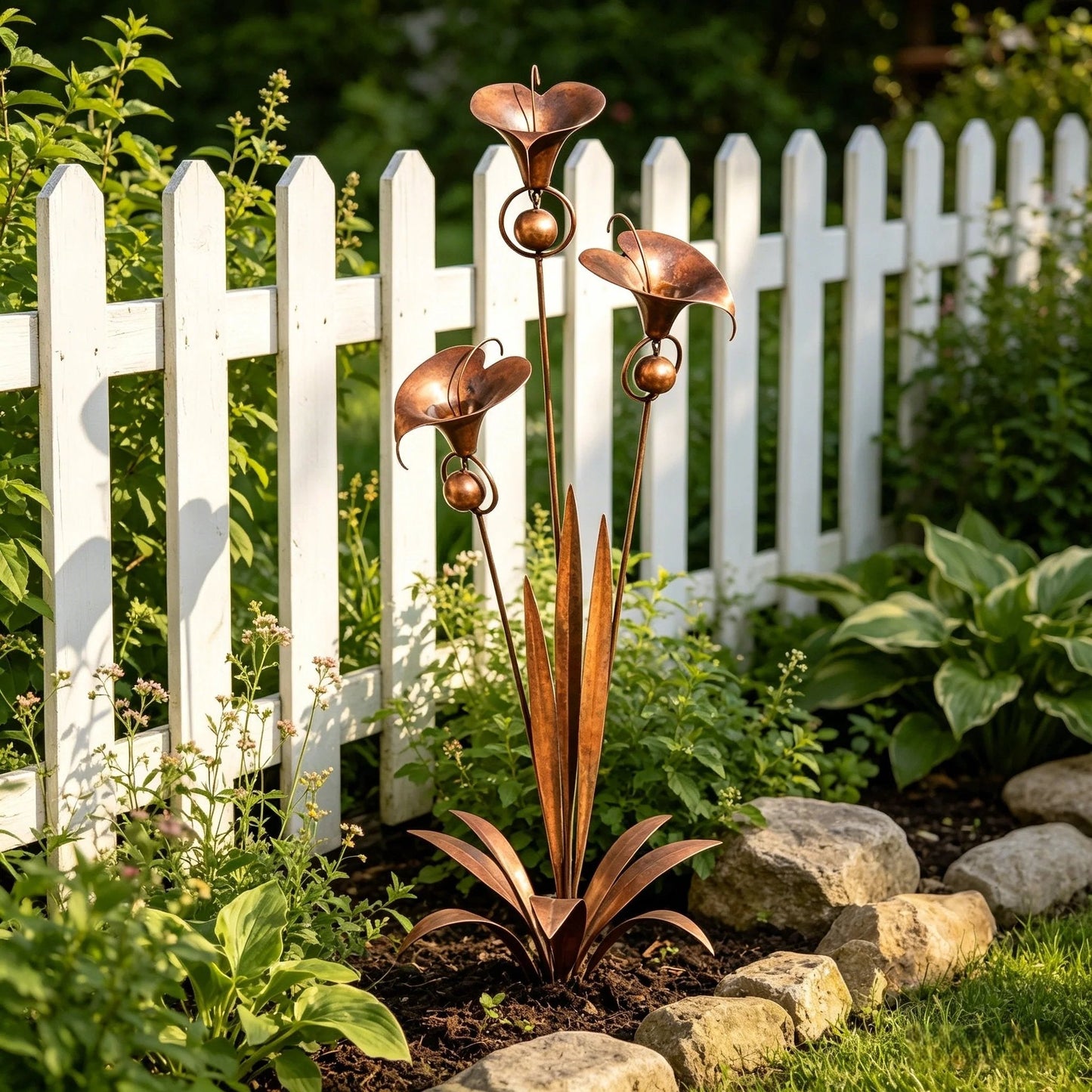 ⏰Limited Time Special Offer✈️Free Shipping🏡 3 Calla Lilies Flamed Copper Stake Decor with Wind Bells 🔔