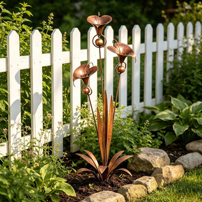 ⏰Limited Time Special Offer✈️Free Shipping🏡 3 Calla Lilies Flamed Copper Stake Decor with Wind Bells 🔔