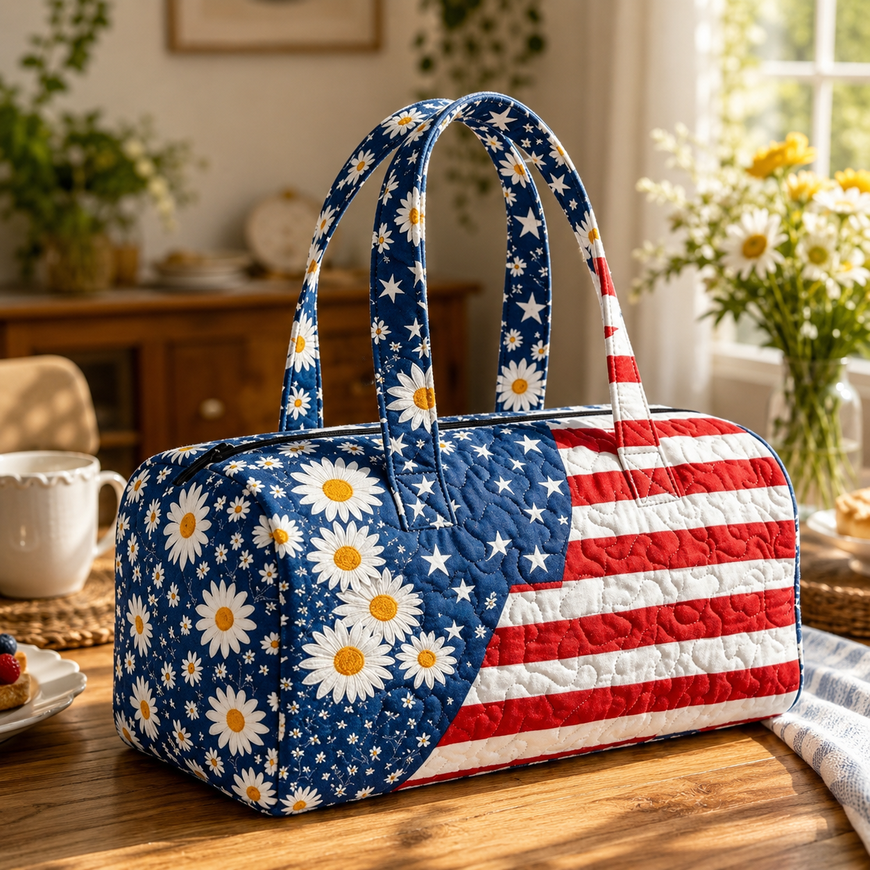 The Perfect Gift for Patriots 🎁🇺🇸 Handcrafted Quilted Tote with 3D Floral Flag 🌸