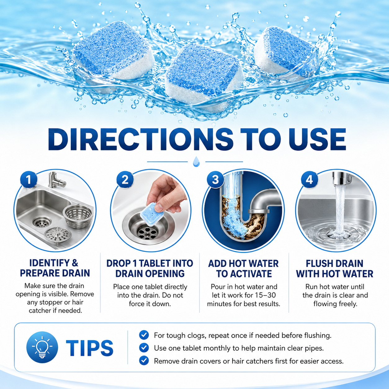 💥🫧 12PK Drain Cleaning Tablets | Sinks, Showers & Washers