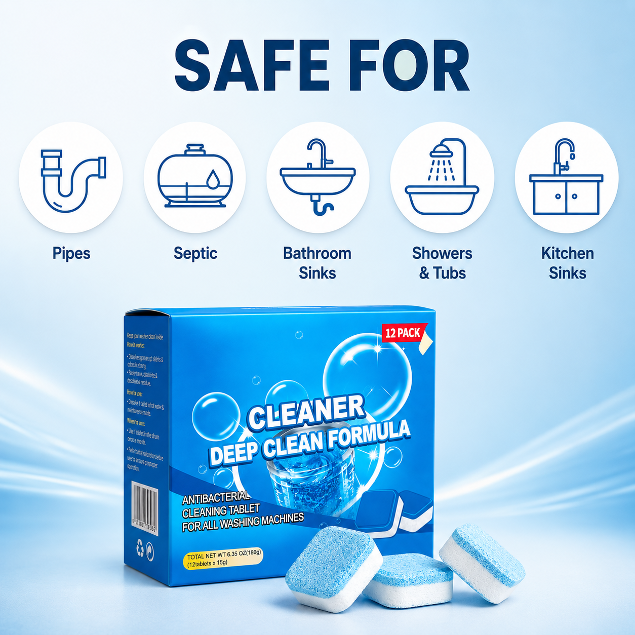 💥🫧 12PK Drain Cleaning Tablets | Sinks, Showers & Washers