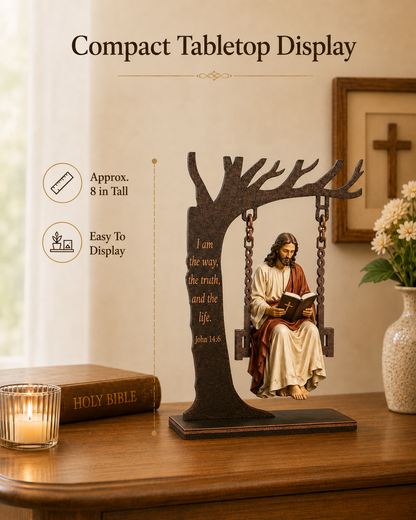 ✝️ Blessed Mary Cradle Swing Sculpture – Luke 1:46-47 Christian Faith Table Decor