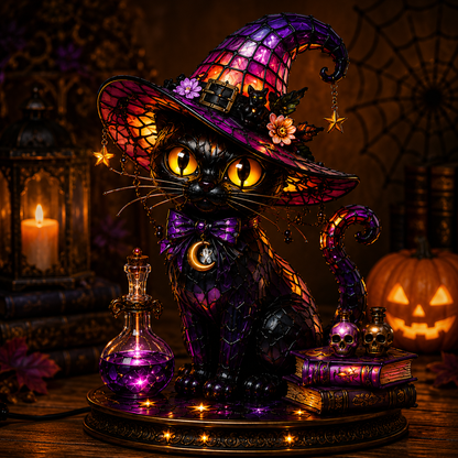 🔥Exclusive Limited Item 👍🔥45%OFF🐈 Gothic Stained Glass Witch Black Cat Table Lamp | Halloween Witch Hat Night Light Decor