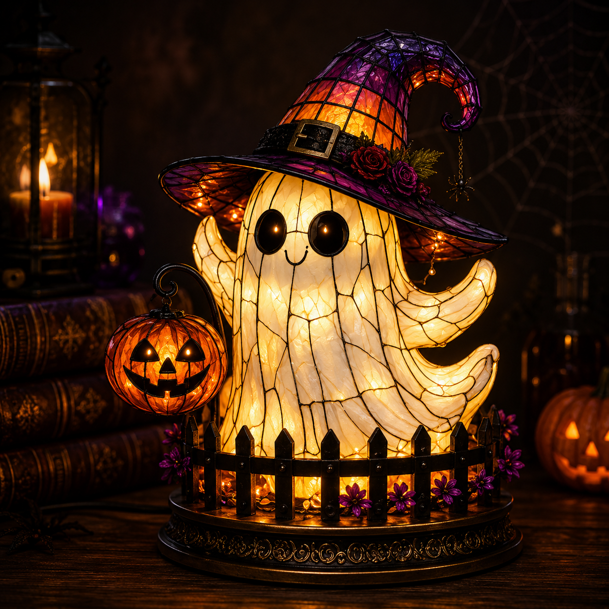 🔥Exclusive Limited Item 👍🔥45%OFF🐈 Gothic Stained Glass Witch Black Cat Table Lamp | Halloween Witch Hat Night Light Decor