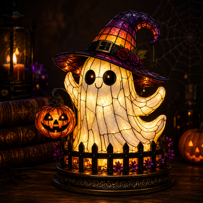 🔥Exclusive Limited Item 👍🔥45%OFF🐈 Gothic Stained Glass Witch Black Cat Table Lamp | Halloween Witch Hat Night Light Decor
