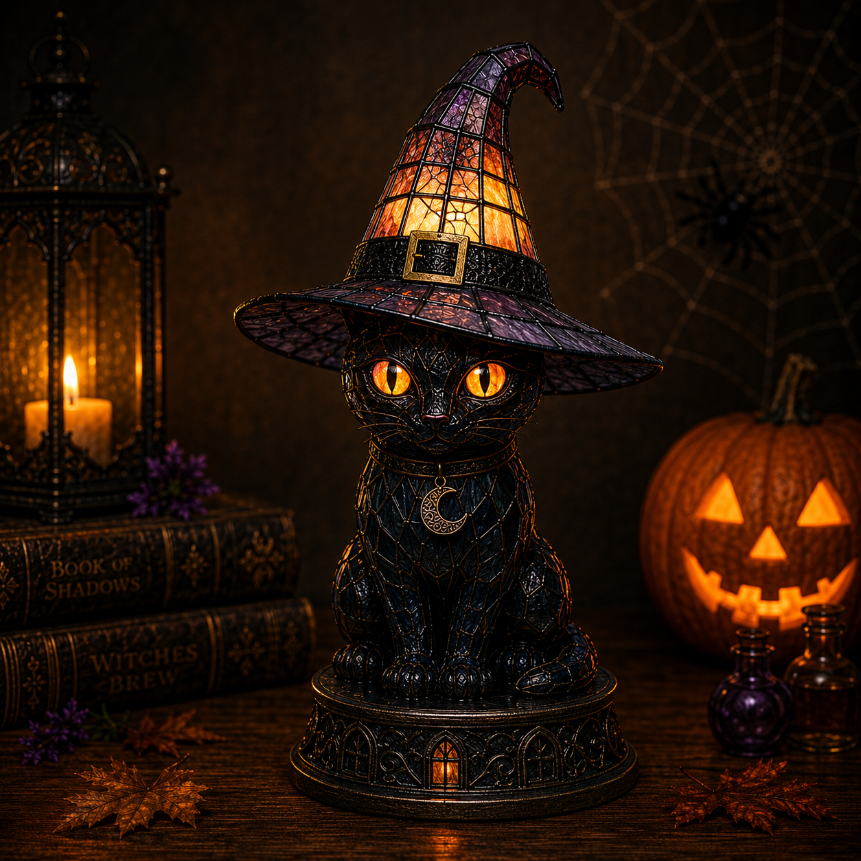 🔥Exclusive Limited Item 👍🔥45%OFF🐈 Gothic Stained Glass Witch Black Cat Table Lamp | Halloween Witch Hat Night Light Decor