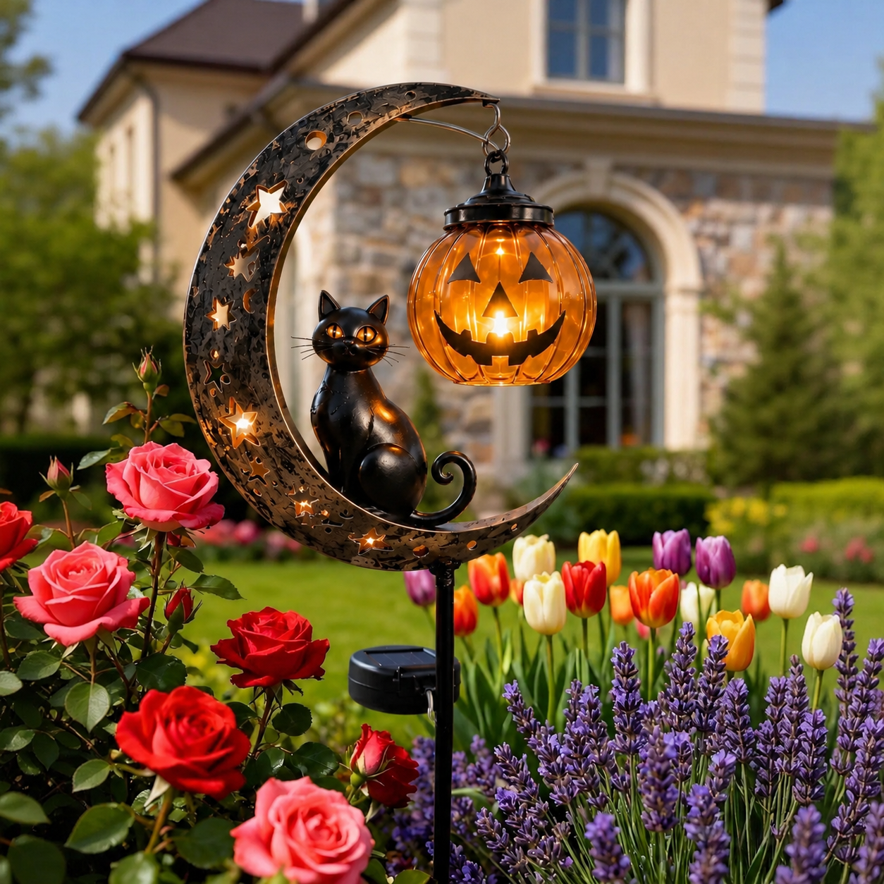 🎃☀️Solar Halloween Black Cat & Pumpkin Moon Garden Stake Light