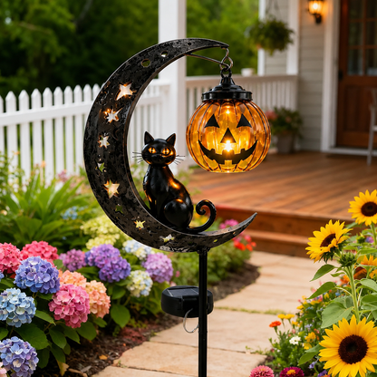 🎃☀️Solar Halloween Black Cat & Pumpkin Moon Garden Stake Light