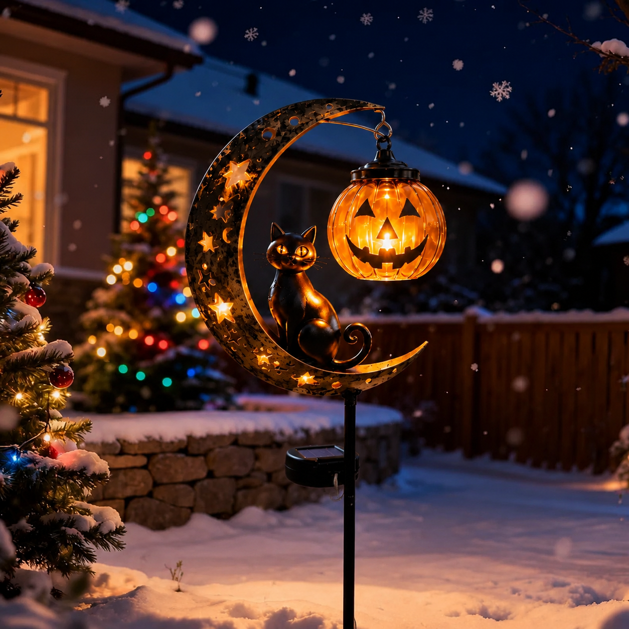 🎃☀️Solar Halloween Black Cat & Pumpkin Moon Garden Stake Light