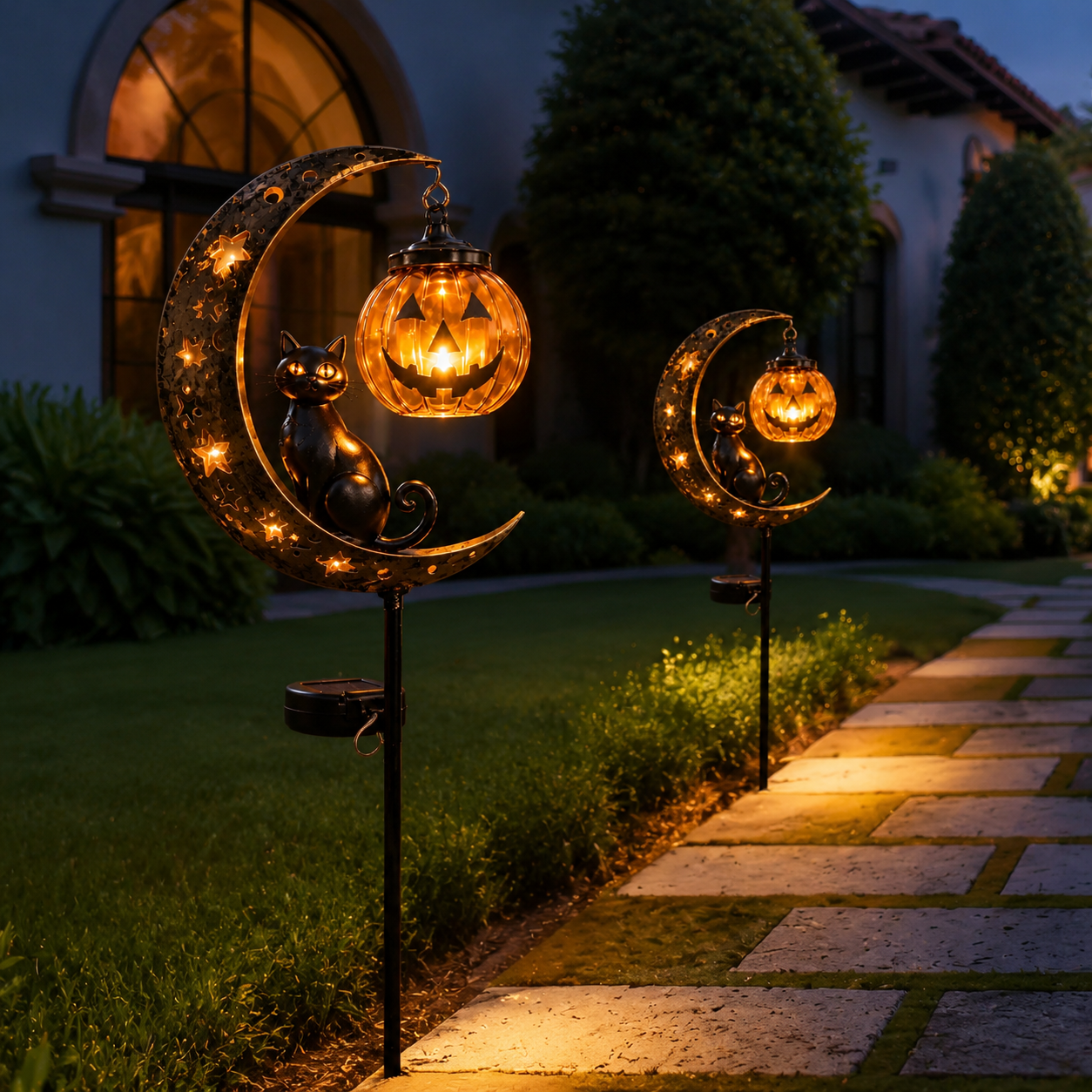 🎃☀️Solar Halloween Black Cat & Pumpkin Moon Garden Stake Light