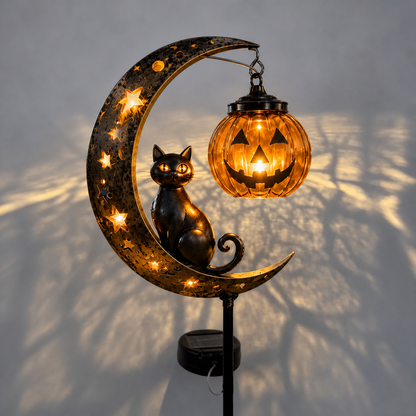 🎃☀️Solar Halloween Black Cat & Pumpkin Moon Garden Stake Light