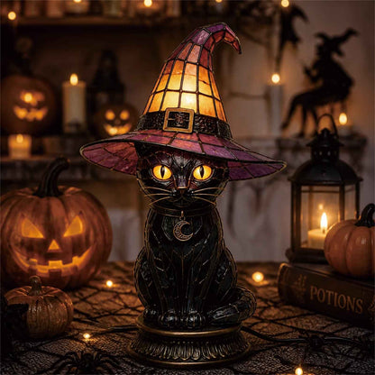 🔥Exclusive Limited Item 👍🔥45%OFF🐈 Gothic Stained Glass Witch Black Cat Table Lamp | Halloween Witch Hat Night Light Decor