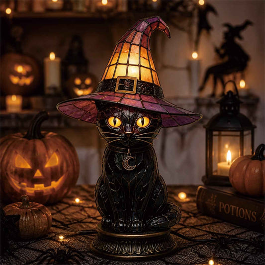 🔥Exclusive Limited Item 👍🔥45%OFF🐈 Gothic Stained Glass Witch Black Cat Table Lamp | Halloween Witch Hat Night Light Decor