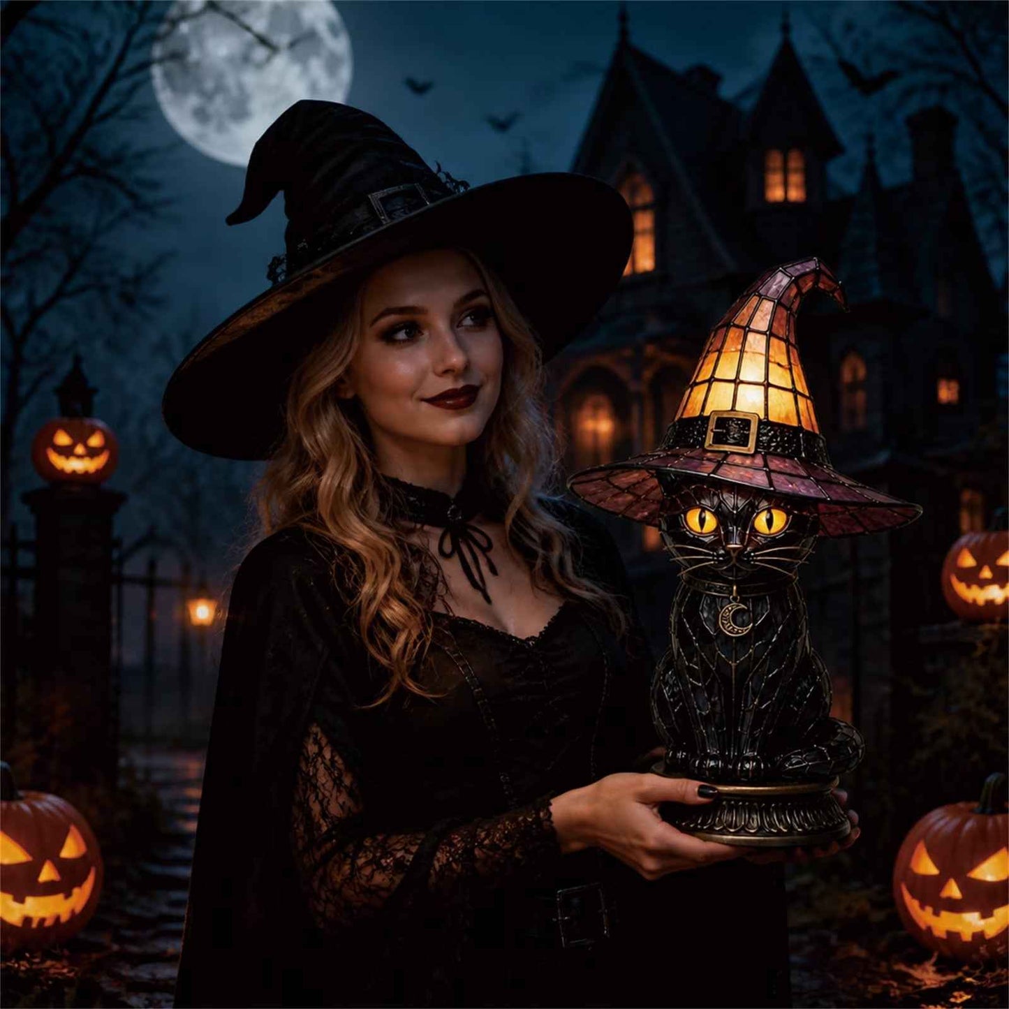 🔥Exclusive Limited Item 👍🔥45%OFF🐈 Gothic Stained Glass Witch Black Cat Table Lamp | Halloween Witch Hat Night Light Decor