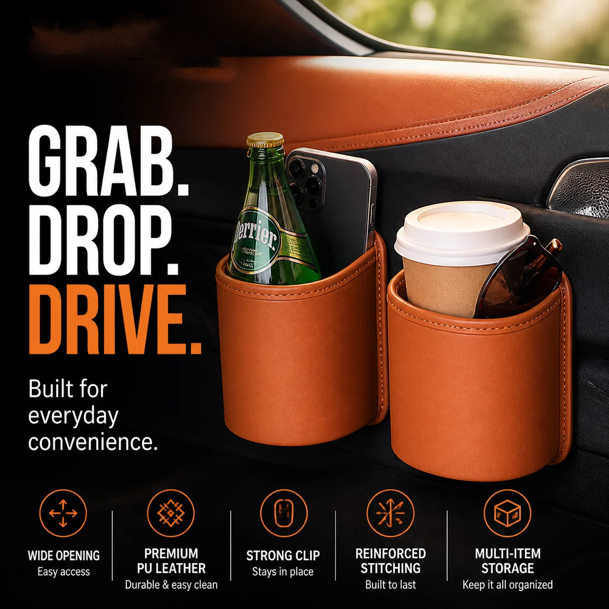 🥳2026 HOT SALE🥳💞50K+ SOLD!🚗🧺 50% OFF! Leather Car Door Cup Holder – Wide‑mouth opening, easy reach for drinks & phone. Clip‑on secure fit. PU leather, tough & stylish. 🛡️✨