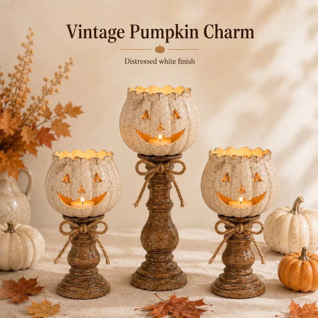 🎃🕯   Set of 3 Rustic White Pumpkin Tealight Candle Holders  | Layered Farmhouse Fall Decor For Halloween & Thanksgiving