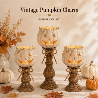 🎃🕯   Set of 3 Rustic White Pumpkin Tealight Candle Holders  | Layered Farmhouse Fall Decor For Halloween & Thanksgiving