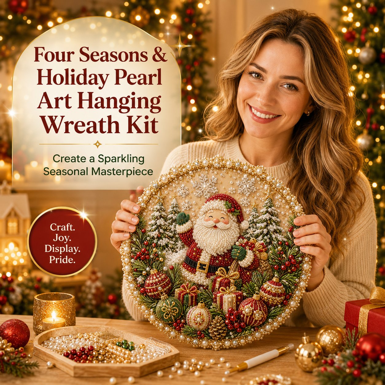 🌸🌻🍂🎄✨ Four Seasons & Holiday Pearl Art Hanging Wreath Kit | Luxury Flocked Canvas with Scratch-Resistant Non-Fading Pearl Beads DIY Handmade Seasonal Decor 💎