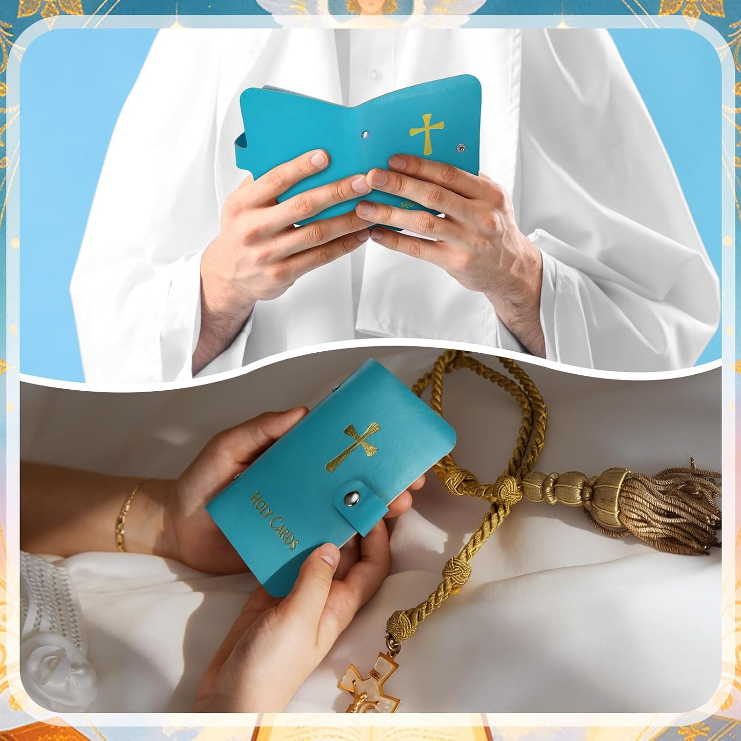✝️Holy Card Holder – Genuine Leather Catholic Prayer Card Organizer with 54 Prayer Cards | Snap Closure