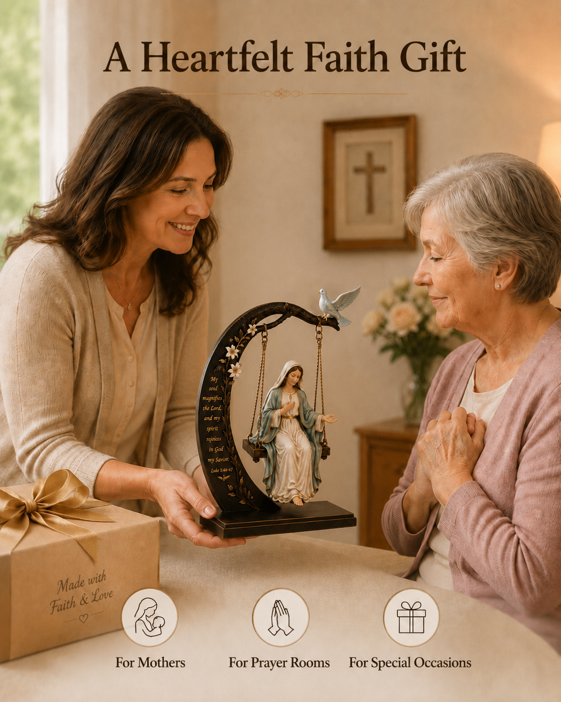 ✝️ Blessed Mary Cradle Swing Sculpture – Luke 1:46-47 Christian Faith Table Decor