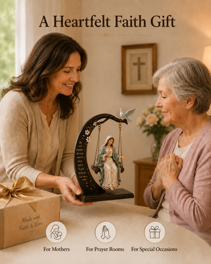 ✝️ Blessed Mary Cradle Swing Sculpture – Luke 1:46-47 Christian Faith Table Decor