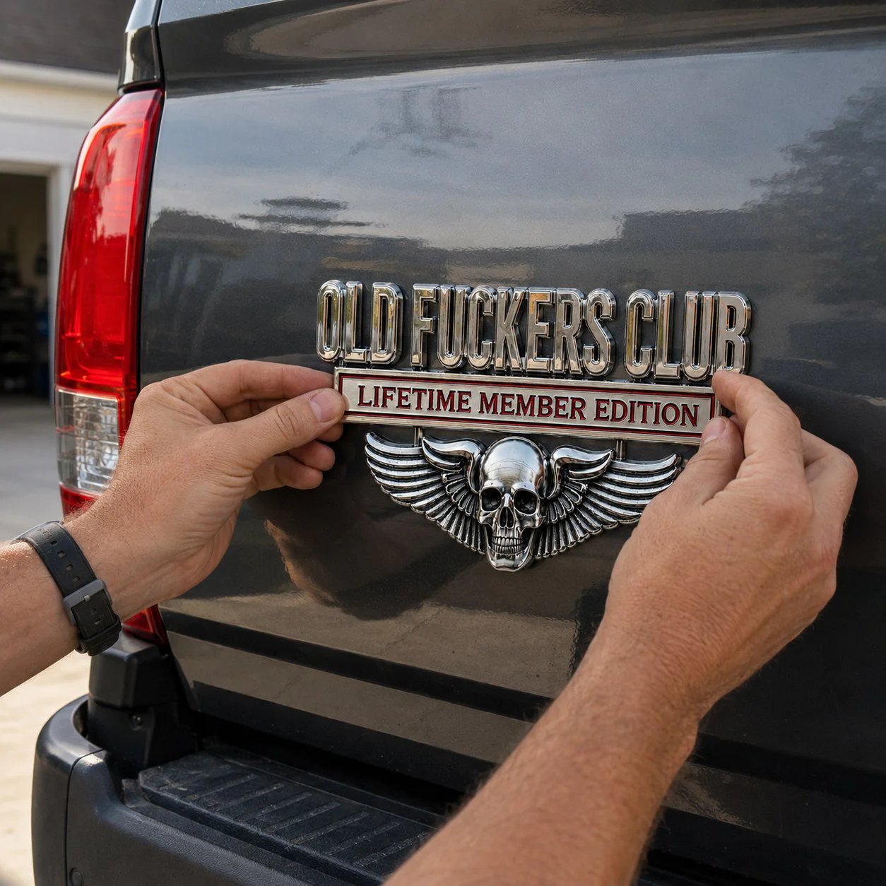 💀 OLD F*CKERS CLUB Metal Car Emblem | Chrome Peel-and-Stick Badge for Trucks, SUVs, Toolboxes & Garages 😎