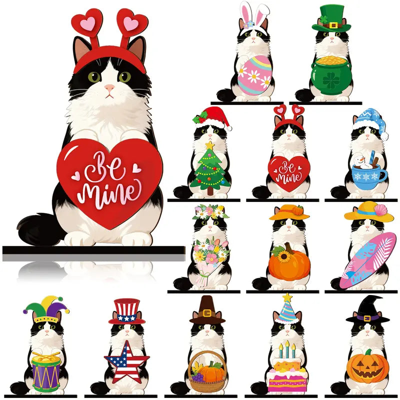 🎁 Cute Animal Wooden Desk Sign🐾 Interchangeable Seasonal Decor for Pet Lovers