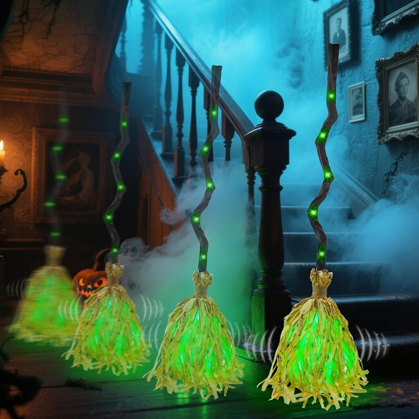 Animated Dancing Witch Broom with Green LEDs & Spooky Laughter