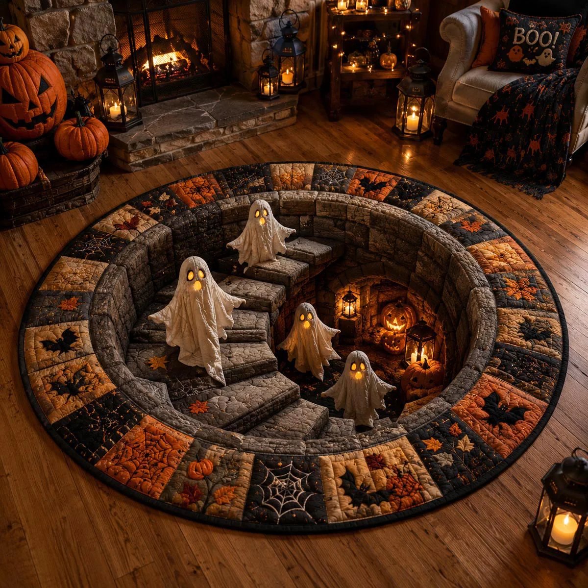 🔥 3D Haunted Staircase Round Rug – Spooky Halloween Optical Illusion 👻