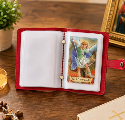 ✝️Holy Card Holder – Genuine Leather Catholic Prayer Card Organizer with 54 Prayer Cards | Snap Closure