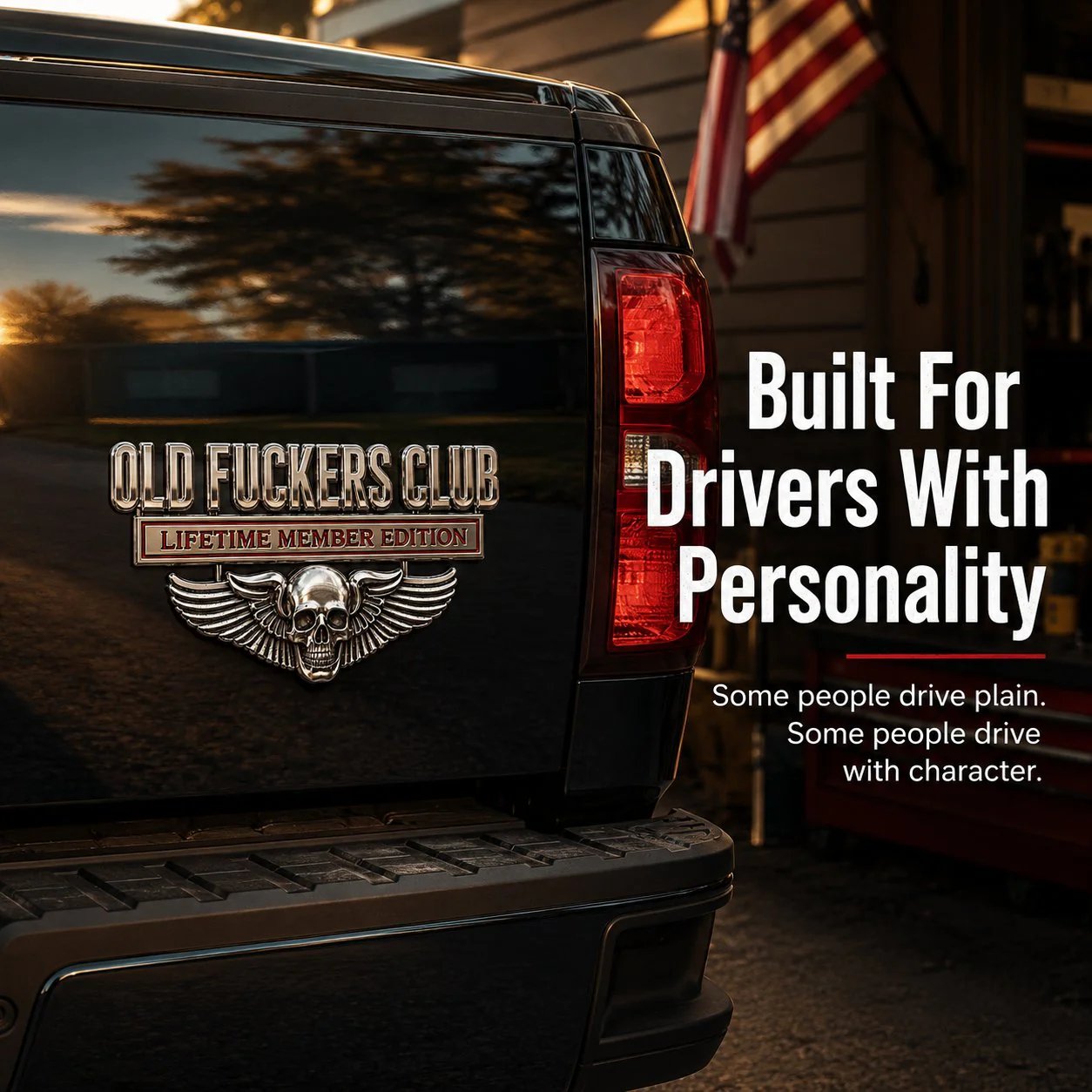 💀 OLD F*CKERS CLUB Metal Car Emblem | Chrome Peel-and-Stick Badge for Trucks, SUVs, Toolboxes & Garages 😎