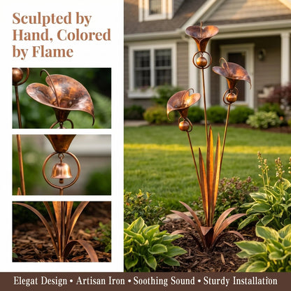 ⏰Limited Time Special Offer✈️Free Shipping🏡 3 Calla Lilies Flamed Copper Stake Decor with Wind Bells 🔔