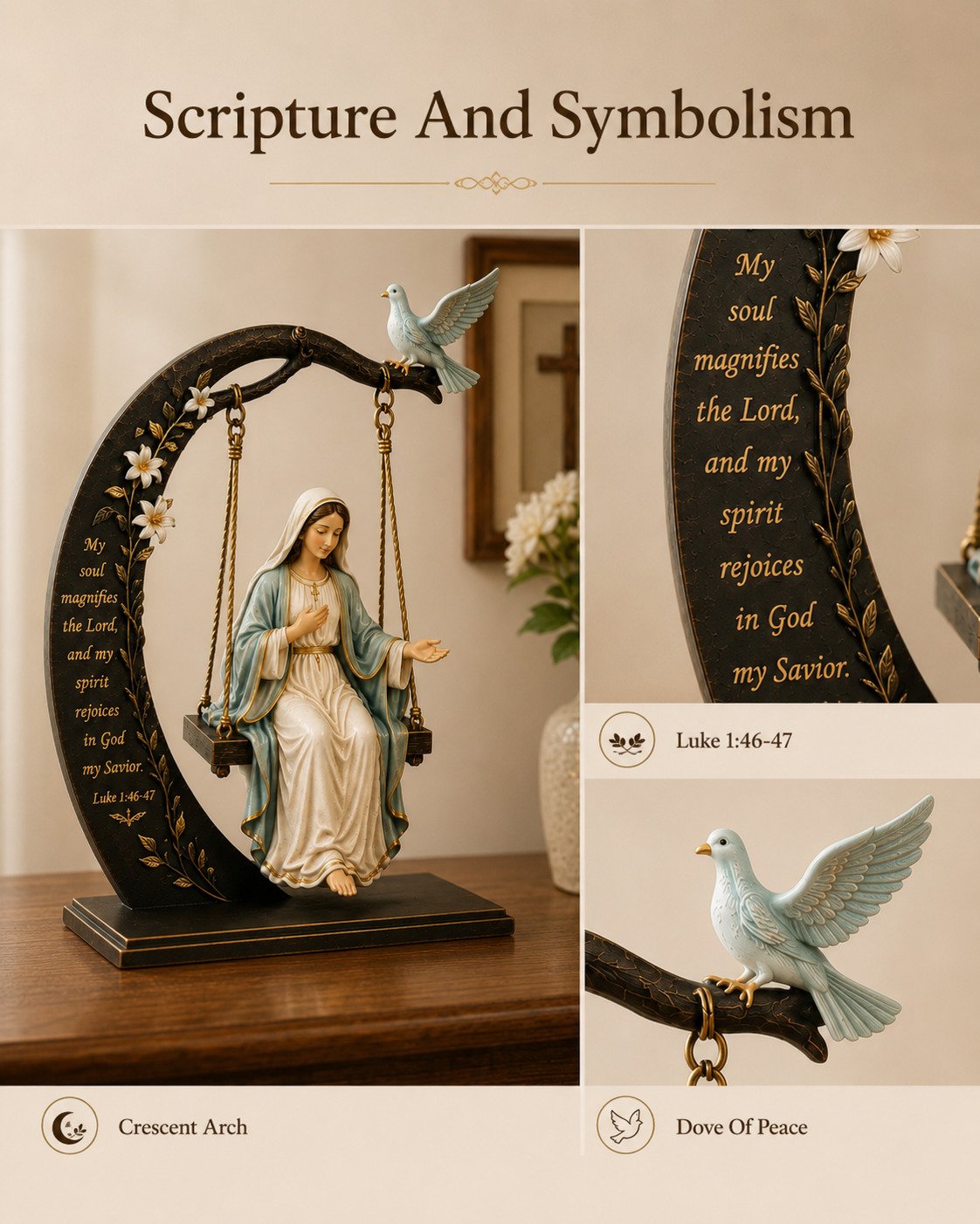 ✝️ Blessed Mary Cradle Swing Sculpture – Luke 1:46-47 Christian Faith Table Decor