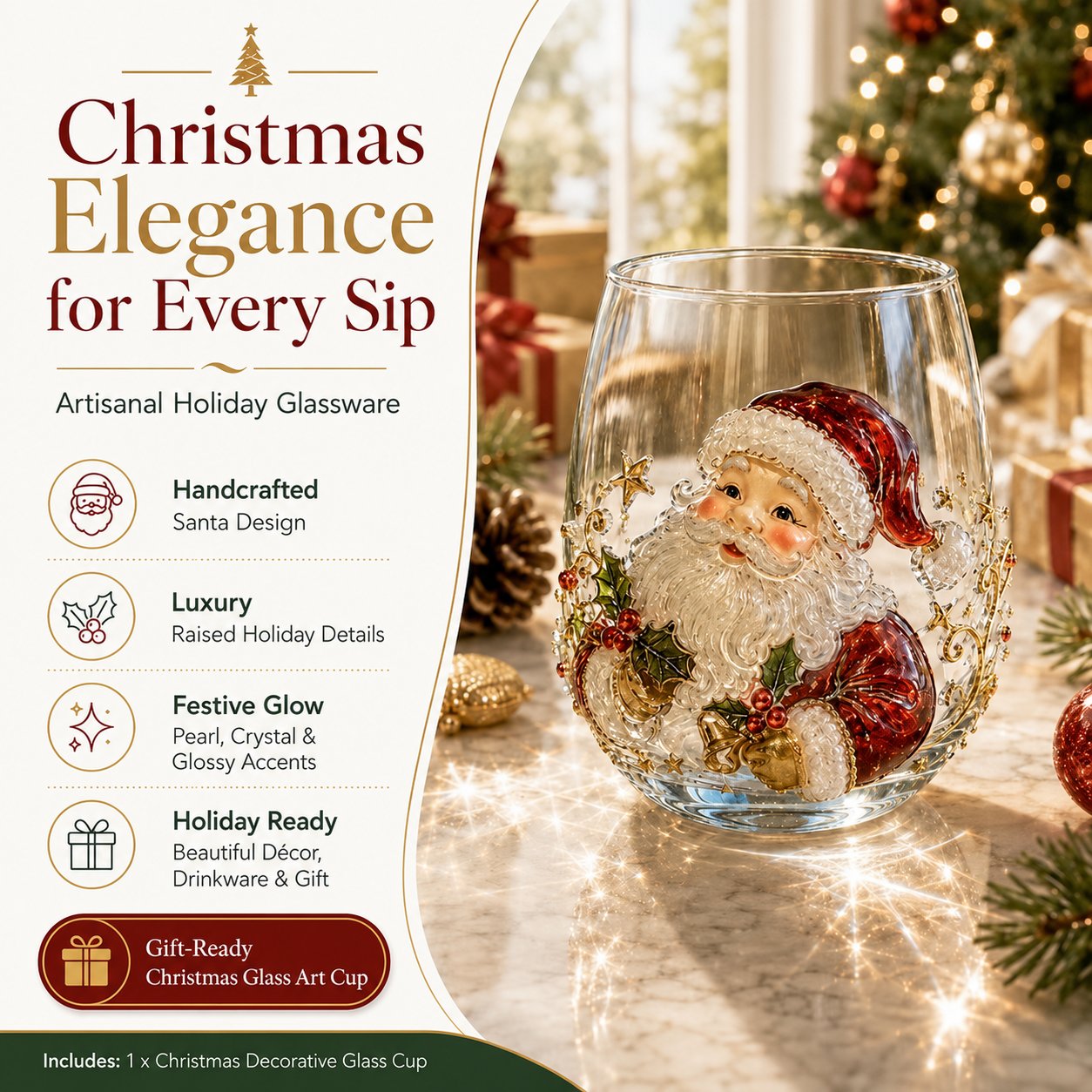 🎅Christmas Early Bird Sale🎄 Christmas Glass Art Cup | Luxury Raised Holiday Glassware for Drinks, Decor & Christmas Gifts 🎁
