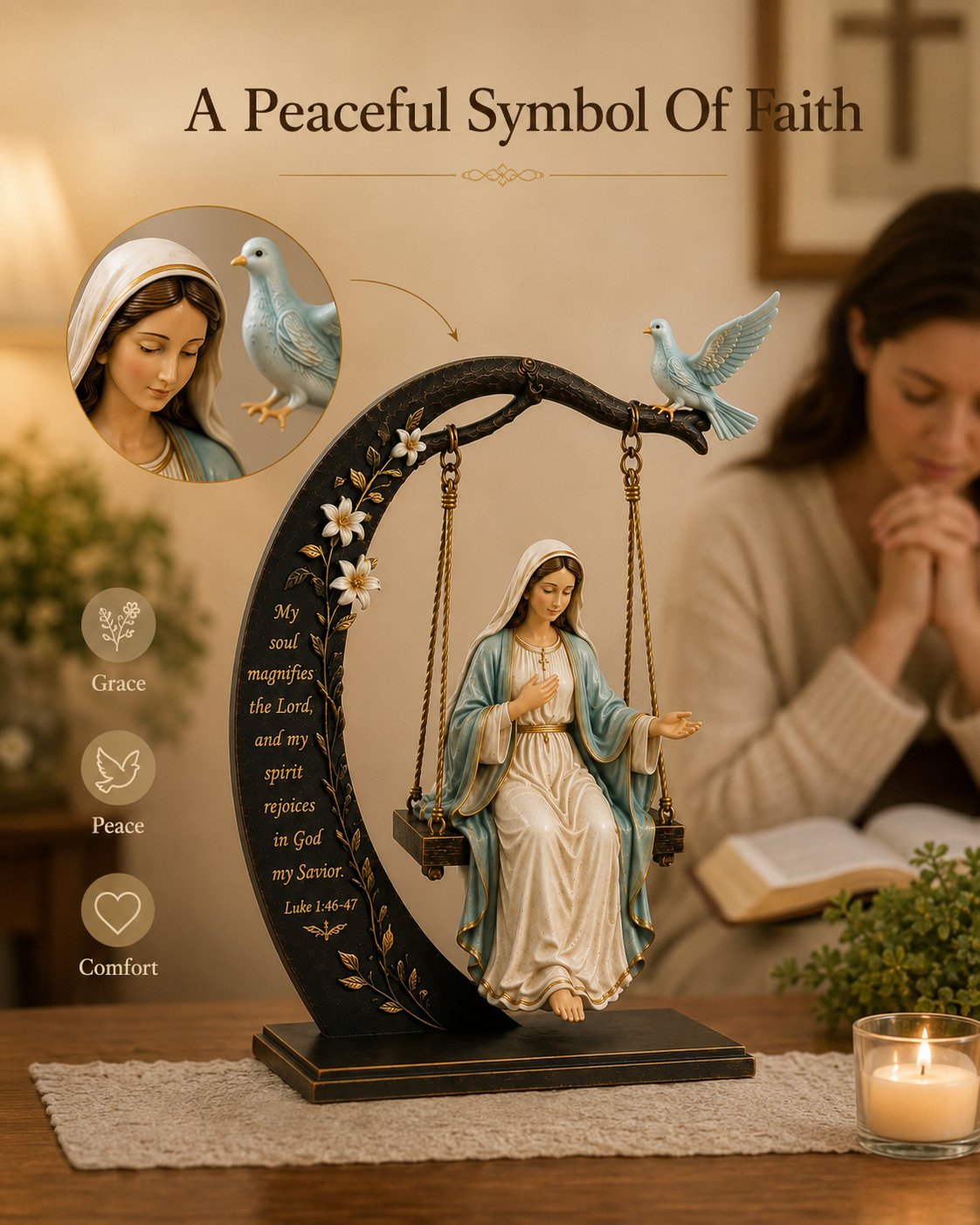 ✝️ Blessed Mary Cradle Swing Sculpture – Luke 1:46-47 Christian Faith Table Decor