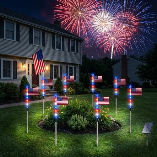 🎆8 Solar American Flag Pathway Lights – Red, White & Blue Yard Glow for 250th Independence Celebration ✨