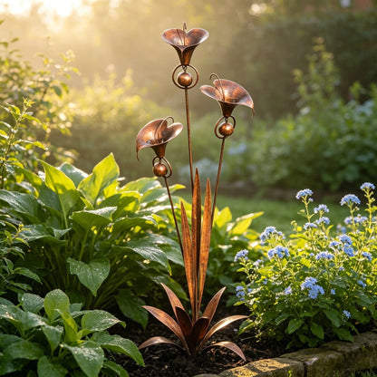 ⏰Limited Time Special Offer✈️Free Shipping🏡 3 Calla Lilies Flamed Copper Stake Decor with Wind Bells 🔔