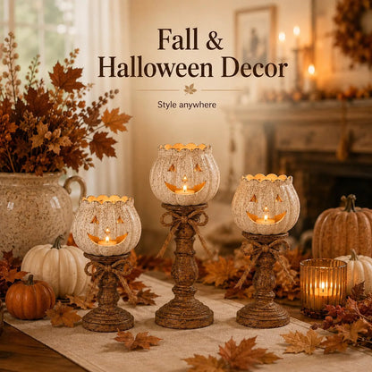 🎃🕯   Set of 3 Rustic White Pumpkin Tealight Candle Holders  | Layered Farmhouse Fall Decor For Halloween & Thanksgiving