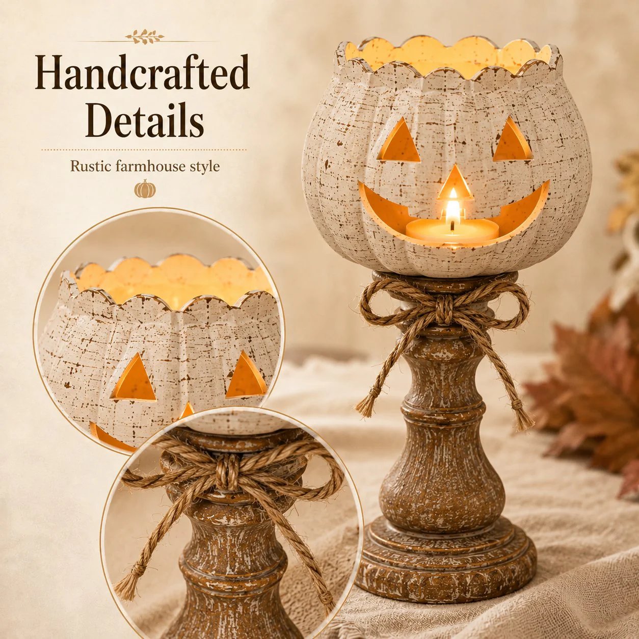 🎃🕯   Set of 3 Rustic White Pumpkin Tealight Candle Holders  | Layered Farmhouse Fall Decor For Halloween & Thanksgiving