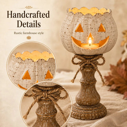 🎃🕯   Set of 3 Rustic White Pumpkin Tealight Candle Holders  | Layered Farmhouse Fall Decor For Halloween & Thanksgiving