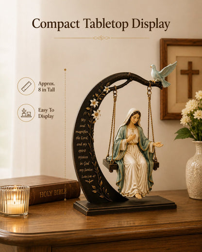 ✝️ Blessed Mary Cradle Swing Sculpture – Luke 1:46-47 Christian Faith Table Decor