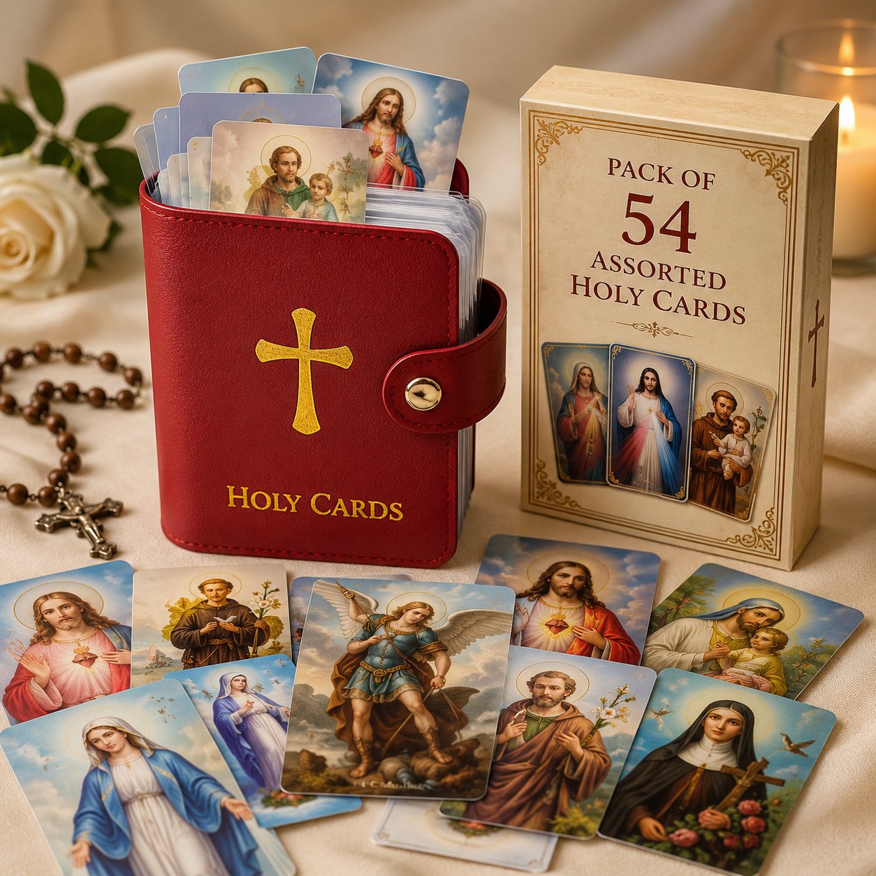 ✝️Holy Card Holder – Genuine Leather Catholic Prayer Card Organizer with 54 Prayer Cards | Snap Closure