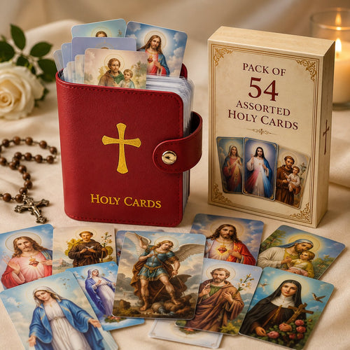 ✝️Holy Card Holder – Genuine Leather Catholic Prayer Card Organizer with 54 Prayer Cards | Snap Closure