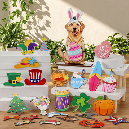 🎁 Cute Animal Wooden Desk Sign🐾 Interchangeable Seasonal Decor for Pet Lovers