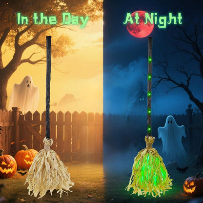 Animated Dancing Witch Broom with Green LEDs & Spooky Laughter