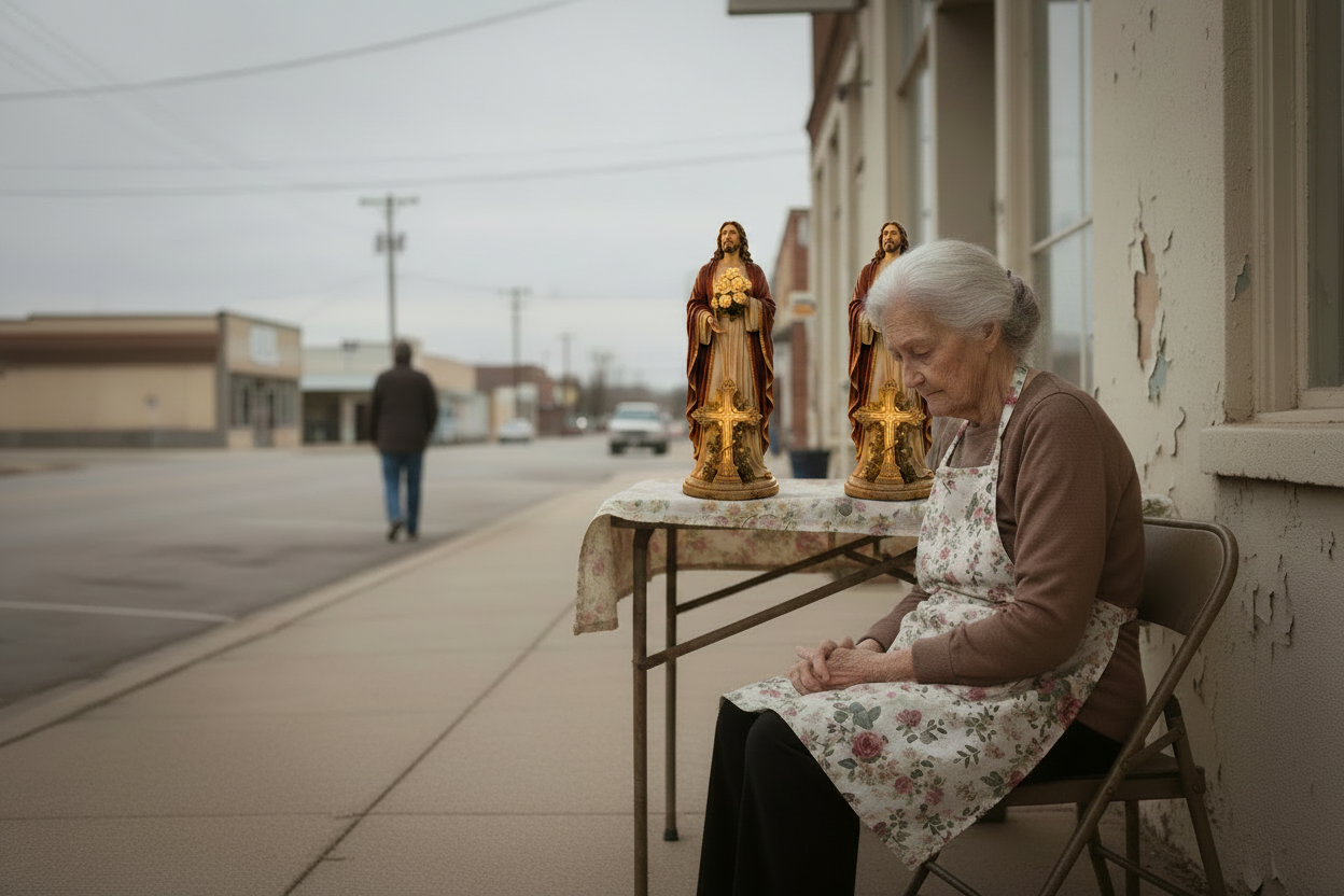 Grandmother stall colorful Jesus statues regenerated